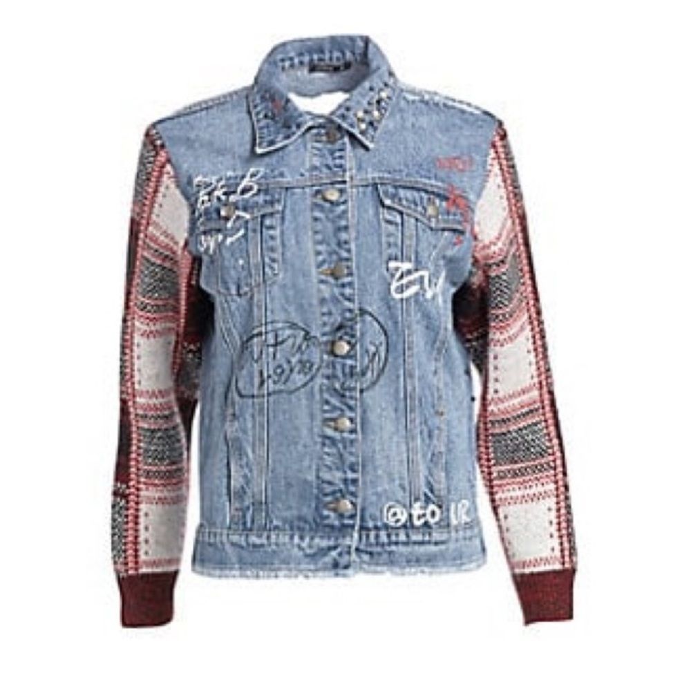 Scripted Distressed Plaid Denim Jacket Large NWT - Picture 4 of 8